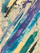 Abstract schilderij met diagonale turquoise, blauwe en zwarte verfbanen op krantenpapier