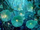Schilderij van gloeiende turquoise bloemen in een donker bos