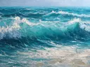 Schilderij van een turquoise golf met horizon