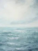 Schilderij van turquoise oceaangolven onder een bewolkte lucht.
