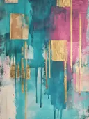 Abstract schilderij met turquoise vlakken, gouden accenten en een roze kleurvlak