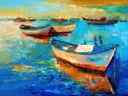Schilderij van een turquoise haven met bootjes