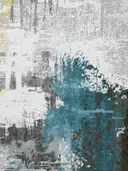 Abstract schilderij met turquoise inktvlek en koraalrode accenten