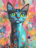 Turquoise kat met groene ogen tegen een kleurrijke achtergrond met roze en oranje verfspatten