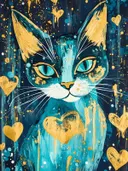 Schilderij van een turquoise kat met gouden hartjes en spatten tegen een donkerblauwe achtergrond