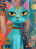 Turquoise kat met gouden patronen en roze oren, Egyptische stijl