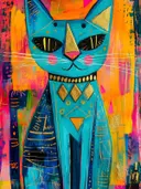 Turquoise kat met gouden decoratie op een roze-oranje achtergrond