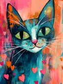 Turquoise kat met groene ogen en roze hartjes op een perzik-roze achtergrond