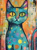 Turquoise kat met gele ogen en sterren tegen een mosterdgele achtergrond