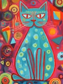 Turquoise kat met rode omlijning en stippen tegen een rode achtergrond met geometrische vormen