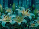Schilderij van turquoise lelies in een betoverd bos met lichtjes
