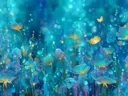 Schilderij van turquoise gloeiende bloemenveld met een gouden vlinder
