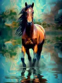 Artistiek paard met turquoise waterreflectie