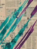 Abstract schilderij met diagonale turquoise en paarse verfstrepen over krantenknipsels