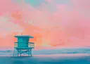 Schilderij van een turquoise reddingspost op het strand bij een roze zonsondergang