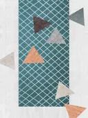 Grafisch abstract schilderij met turquoise ruitpatroon en gekleurde driehoeken