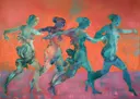 Schilderij van turquoise gekleurde klassieke danserfiguren tegen een rode achtergrond