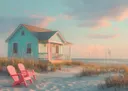 Schilderij van een turquoise strandhuis met roze stoelen op de duinen bij zee