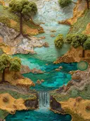 Turquoise water met waterval tussen structuurrijke gouden en groene rotspartijen en bomen.