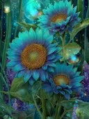 Schilderij van turquoise zonnebloemen in een groen sprookjesbos
