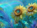 Schilderij van turquoise zonnebloemen tussen pauwenveren met regenboog