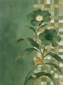 Schilderij van twee bloemen op een steel in salie en oker, in vlakke kleurvlakken