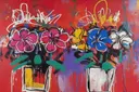 Twee bloempotten met magenta gele en blauwe bloemen op rode muur