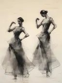Schets van twee danseressen in elegante jurken