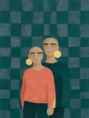 Twee figuren dicht bij elkaar in petrol en koraal, schilderij van twee figuren dicht bij elkaar