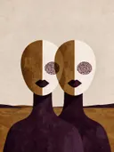 Twee figuren dicht bijeen in aubergine, mid-century modern schilderij