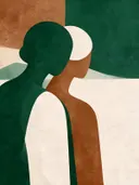 Twee figuren dicht bijeen in bosgroen, mid-century modern schilderij