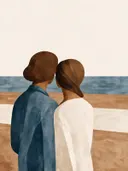 Twee figuren dicht bijeen in denimblauw, mid-century modern schilderij