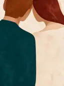 Twee figuren dicht bijeen in diep zeegroen, mid-century modern schilderij