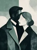 Twee figuren dicht bijeen in grijsgroen, mid-century modern schilderij