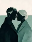 Twee figuren dicht bijeen in grijsgroen, mid-century modern schilderij
