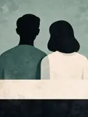 Twee figuren dicht bijeen in grijsgroen, mid-century modern schilderij