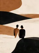 Twee figuren dicht bijeen in oker, mid-century modern schilderij