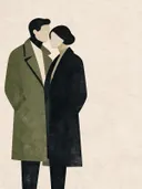 Twee figuren dicht bijeen in olijfgroen, mid-century modern schilderij