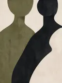 Twee figuren dicht bijeen in olijfgroen, mid-century modern schilderij