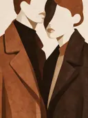 Twee figuren dicht bijeen in sienna, mid-century modern schilderij