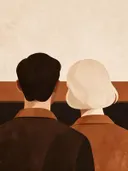 Twee figuren dicht bijeen in sienna, mid-century modern schilderij