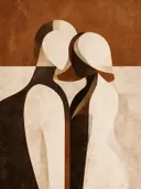 Twee figuren dicht bijeen in sienna, mid-century modern schilderij