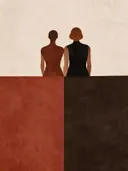 Twee figuren dicht bijeen in steenrood, mid-century modern schilderij
