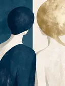 Twee figuren dicht bijeen in stormblauw, mid-century modern schilderij