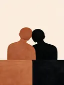 Twee figuren dicht bijeen in terracotta, mid-century modern schilderij