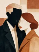 Twee figuren dicht bijeen in terracotta, mid-century modern schilderij