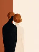 Twee figuren dicht bijeen in terracotta, mid-century modern schilderij
