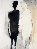Abstracte schildering van twee figuren in zwart en wit