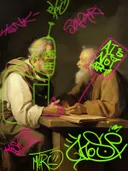 Graffiti-kunstwerk 'Twee Filosofen Graffiti Editie', klassiek portret met street-art overspoten
