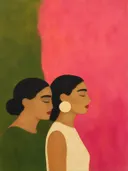 Schilderij van twee gezichten en profiel in roze en olijf, in vlakke kleurvlakken